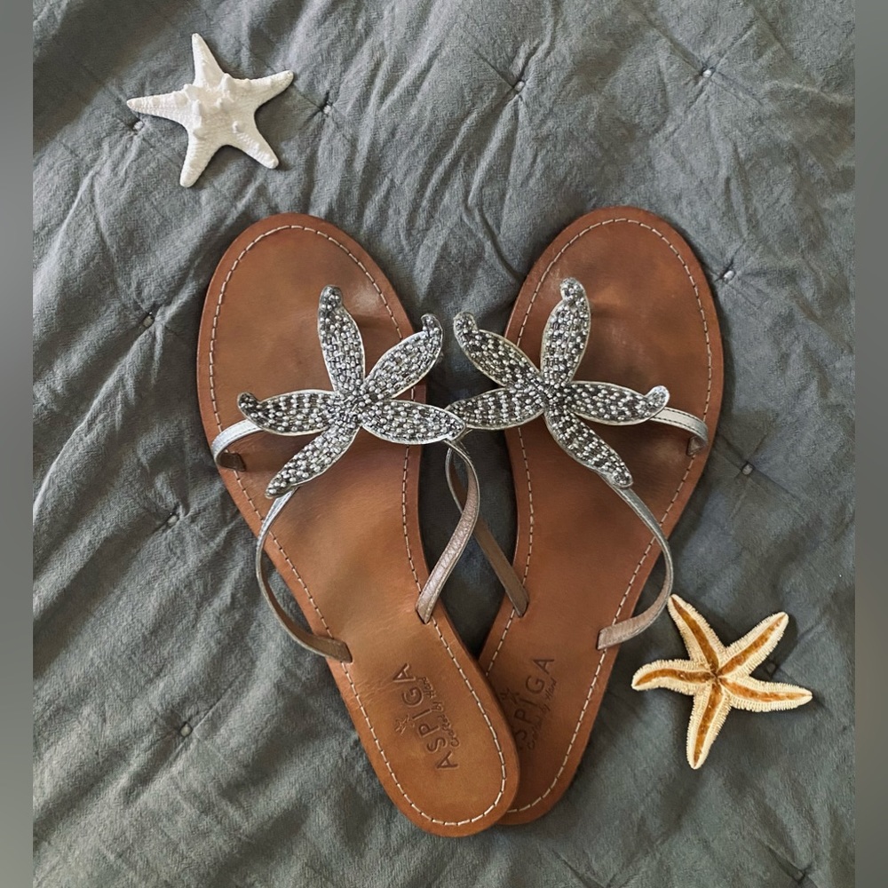 Aspiga Silver Beaded Mermaid Starfish Leather Sandals